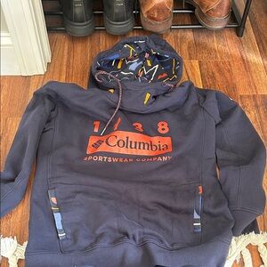 Columbia Dark Blue Hoodie with Red and Multicolor Accents